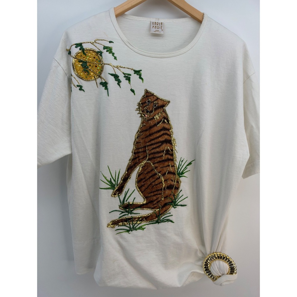 Vtg Karla Marie Art To Wear Tiger Embellished Beaded T-Shirt OSFM Puffy Paint